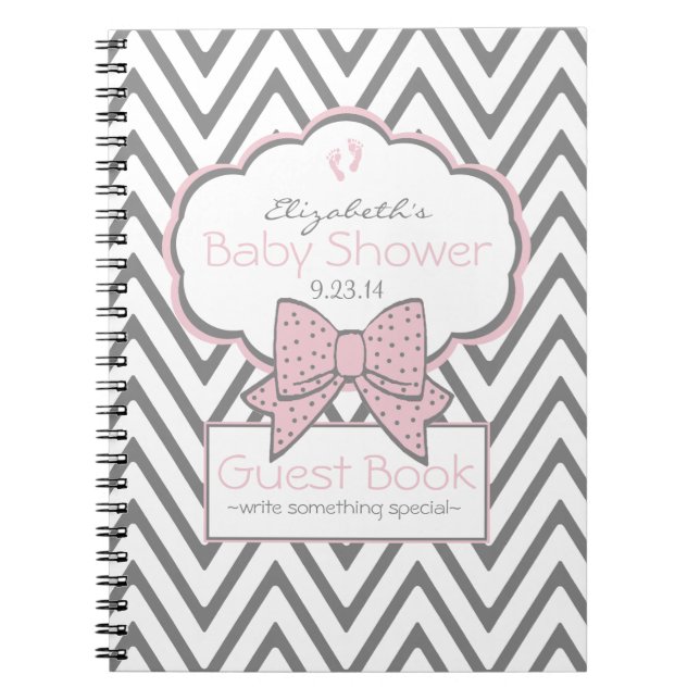 Cuaderno Libro de invitados de Baby Shower Rosa y Chevron - (Frente)