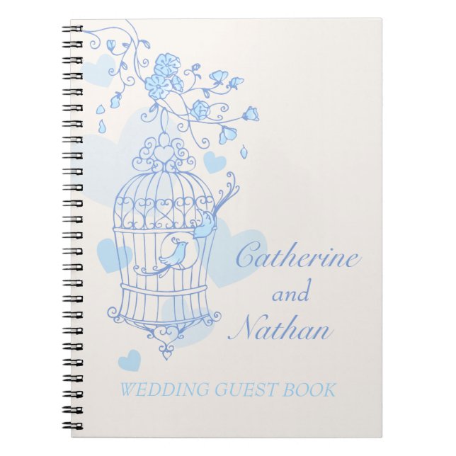 Cuaderno Libro de invitados de boda azul jaula de pájaro (Frente)