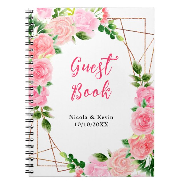 Cuaderno Libro de invitados de boda de rosas rosadas con fo (Frente)