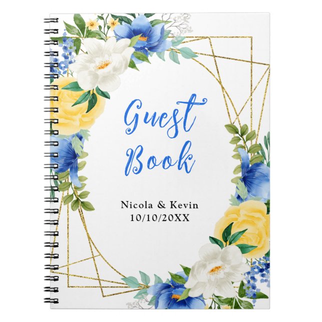 Cuaderno Libro de invitados de boda floral azul y amarillo (Frente)