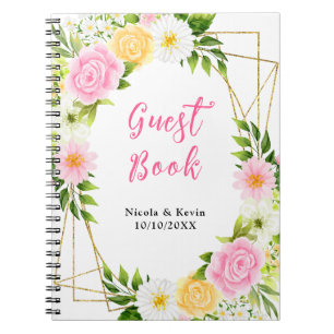 Cuaderno Libro de invitados de boda floral rosa y amarillo
