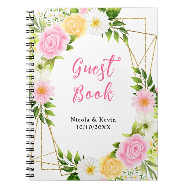 Cuaderno Libro de invitados de boda floral rosa y amarillo  (Frente)