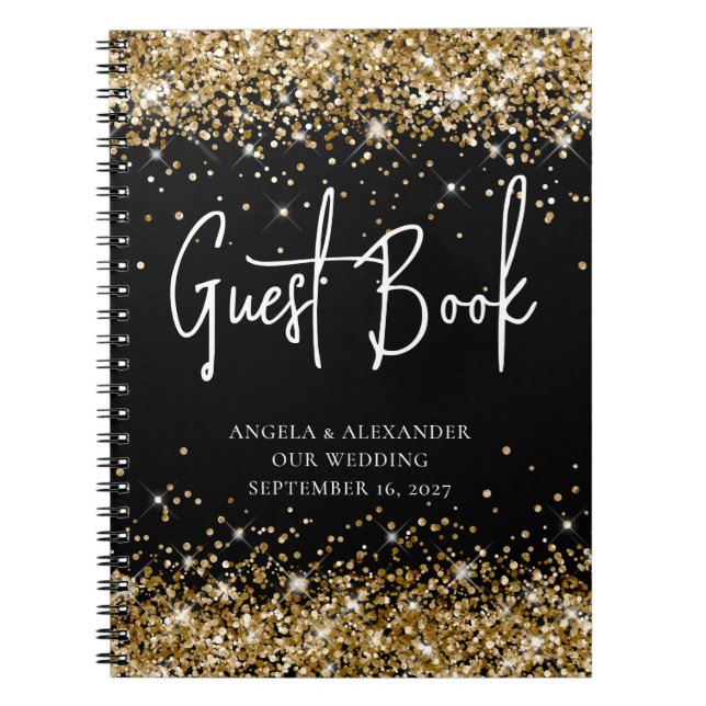 Cuaderno Libro de invitados de boda Glam negro con brillo d (Frente)