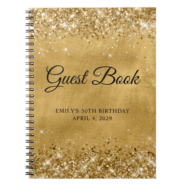 Cuaderno Libro de invitados de cumpleaños 50 dorado brillan (Frente)