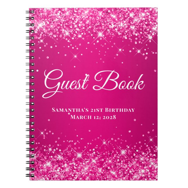 Cuaderno Libro de invitados de cumpleaños con brillo rosa i (Frente)