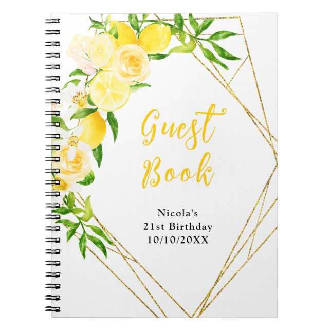 Cuaderno Libro de invitados de cumpleaños de limón y flores (Frente)
