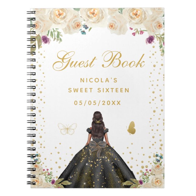 Cuaderno Libro de invitados de dulces dieciséis Princesa Fl (Frente)
