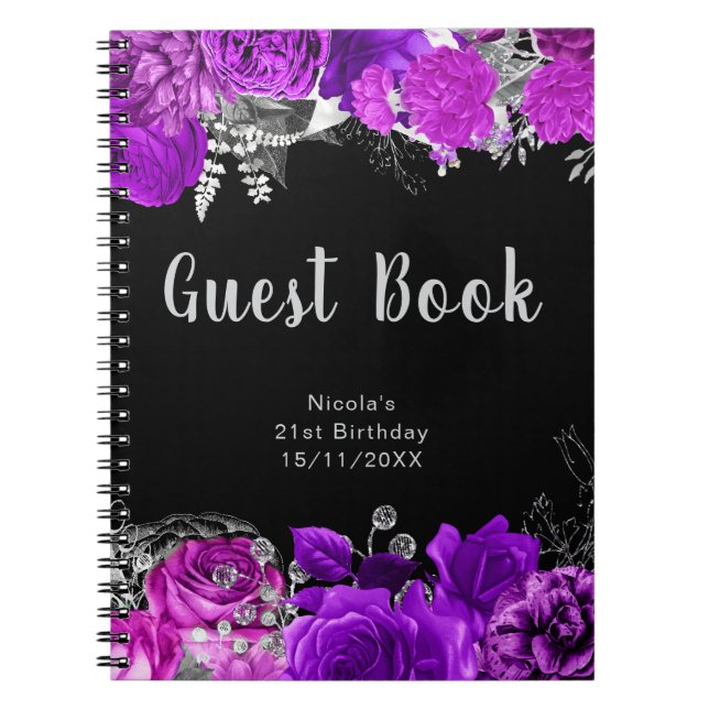Cuaderno Libro de invitados de flores moradas y plateadas e (Frente)
