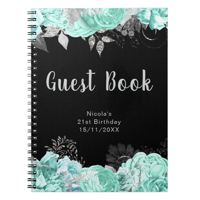 Cuaderno Libro de invitados de flores verdes y plateadas el (Frente)