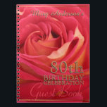 Cuaderno Libro de invitados de la celebración de cumpleaños<br><div class="desc">Fotografía floral de un rosa rojo pálido con un ligero desenfoque para añadir suavidad a la imagen. Diseño en cuaderno en espiral para la celebración del 80 cumpleaños (color amarillo color oscuro para obtener sombra de gota) nombre para personalizar. Puede cambiar fácilmente el texto (fuente, color, tamaño y posición) haciendo...</div>