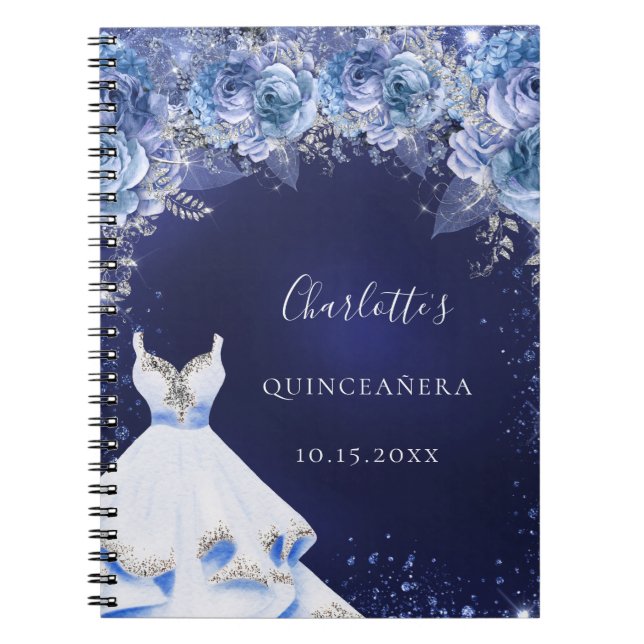 Cuaderno Libro de invitados de purpurina azul Quinceanera (Frente)