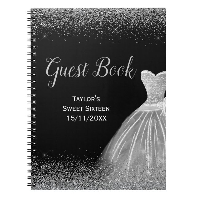 Cuaderno Libro de invitados de vestido plateado con brillo  (Frente)