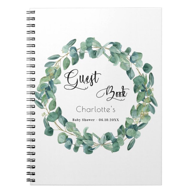 Cuaderno Libro de invitados ducha de bebé eucalipto vegetac (Frente)