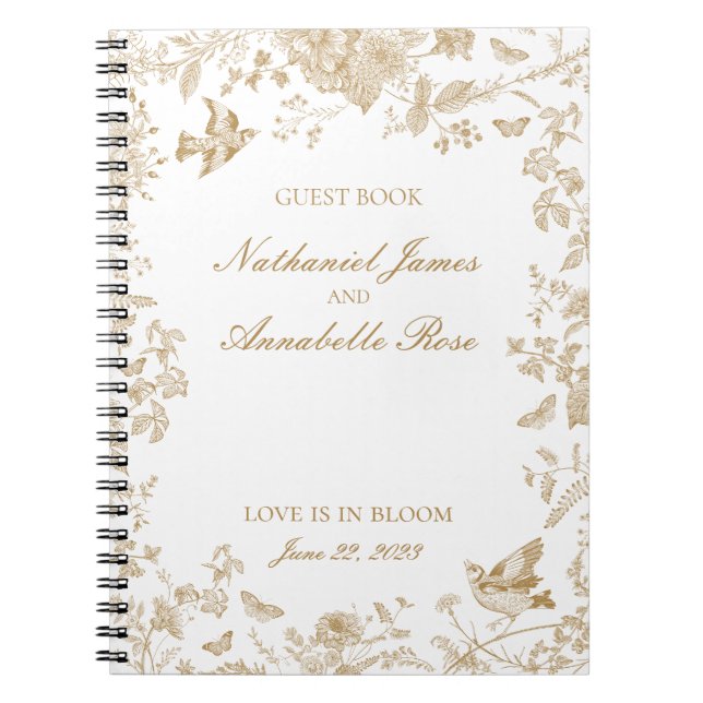 Cuaderno Libro de invitados Gold Toile De Jouy Floral Boda (Frente)