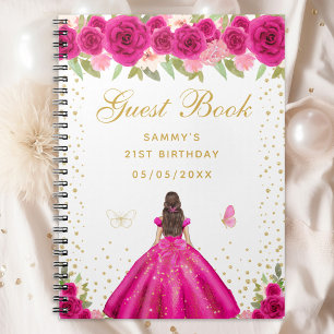 Cuaderno Libro de invitados Hot Pink Floral Brunette Hair P