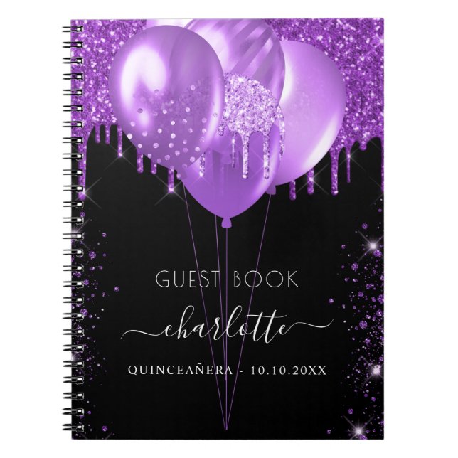 Cuaderno Libro de invitados Nombre del purpurina púrpura ne (Frente)