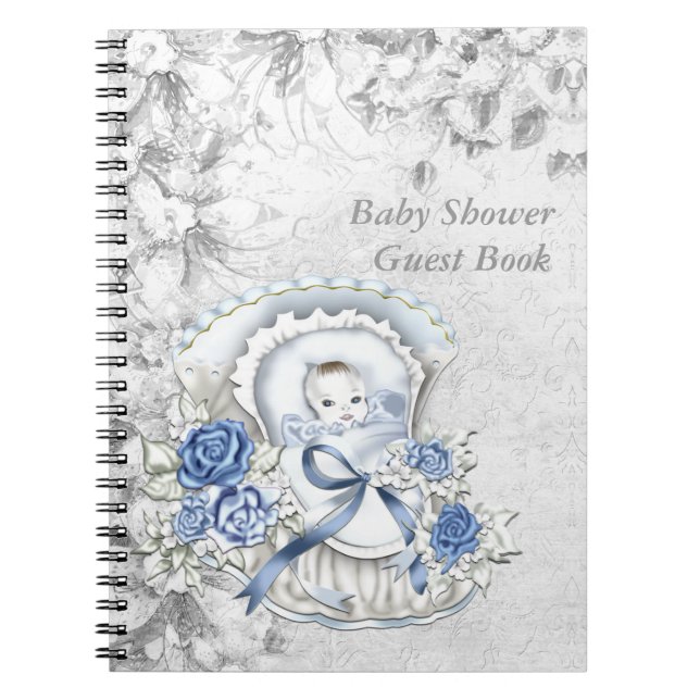 Cuaderno Libro de invitados para baby shower azul y gris (Frente)