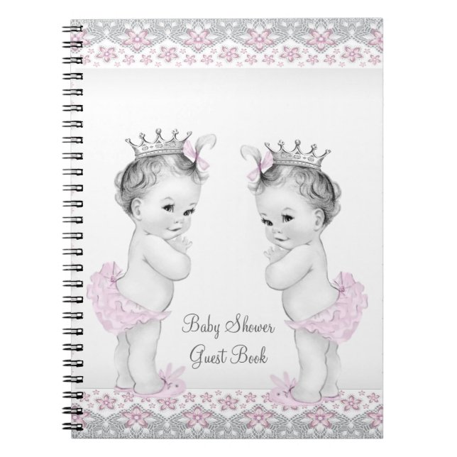 Cuaderno Libro de invitados para baby shower de gemelas ros (Frente)