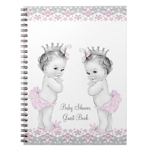 Cuaderno Libro de invitados para baby shower de gemelas ros (Frente)