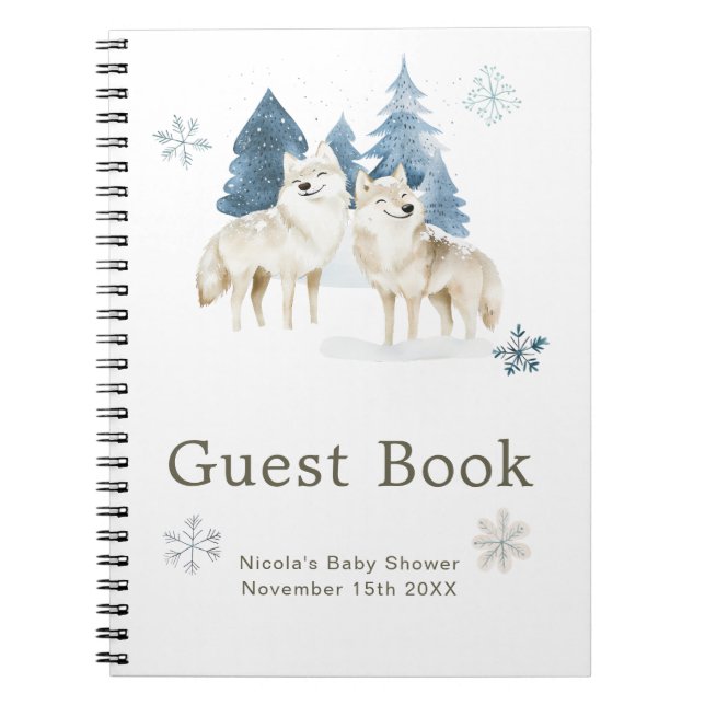 Cuaderno Libro de invitados para baby shower de lobo ártico (Frente)