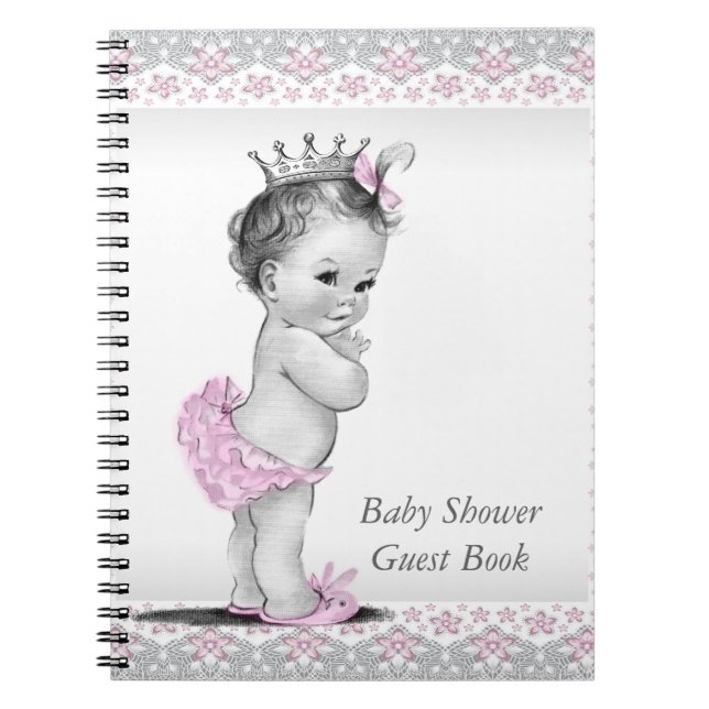 Cuaderno Libro de invitados para baby shower rosa y gris (Frente)