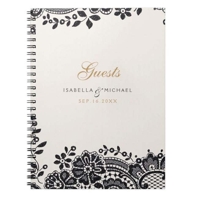 Cuaderno Libro de invitados para bodas de encaje negro y el (Frente)