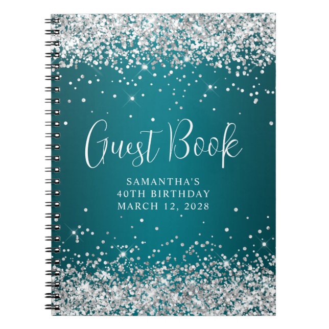 Cuaderno Libro de invitados para cumpleaños 40 de purpurina (Frente)