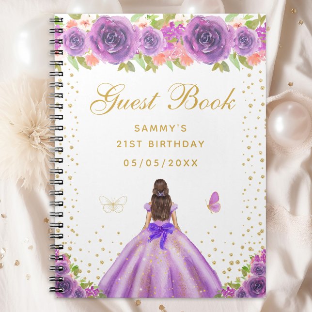 Cuaderno Libro de invitados Purple Floral Brunette Hair Pri (Subido por el creador)