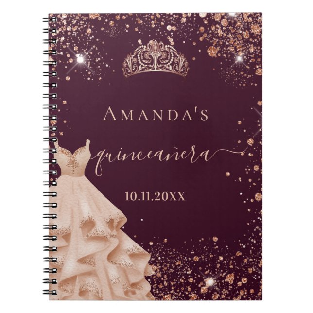 Cuaderno Libro de invitados Quinceanera burgundy rosa tiara (Frente)
