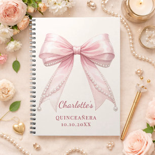 Cuaderno Libro de invitados Quinceañera lazo rosa perlas ma