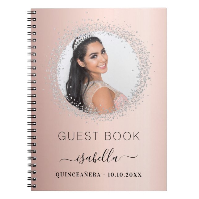 Cuaderno Libro de invitados Quinceanera rosa de plata dorad (Frente)