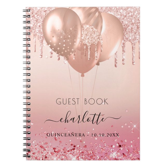 Cuaderno Libro de invitados Quinceanera rosa purpurina rosa (Frente)