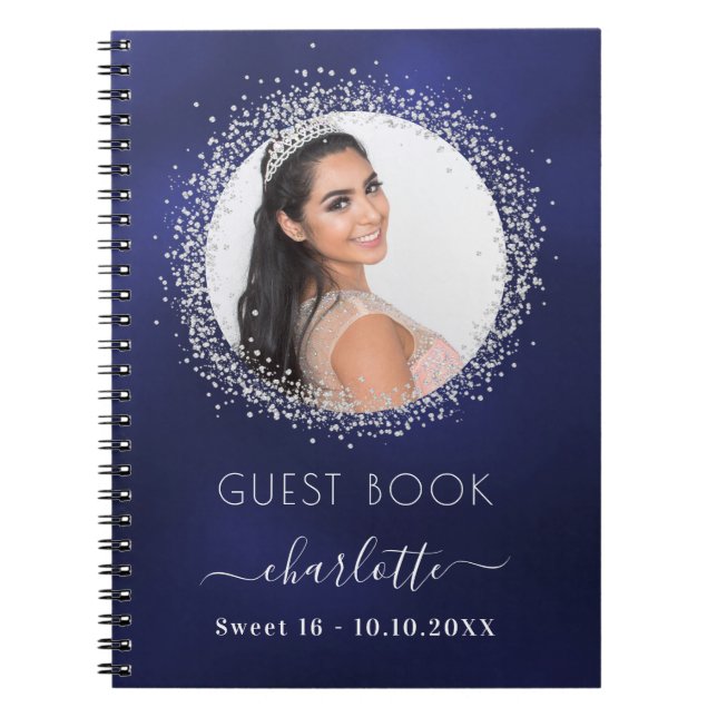 Cuaderno Libro de invitados Sweet 16 foto de plata azul mar (Frente)
