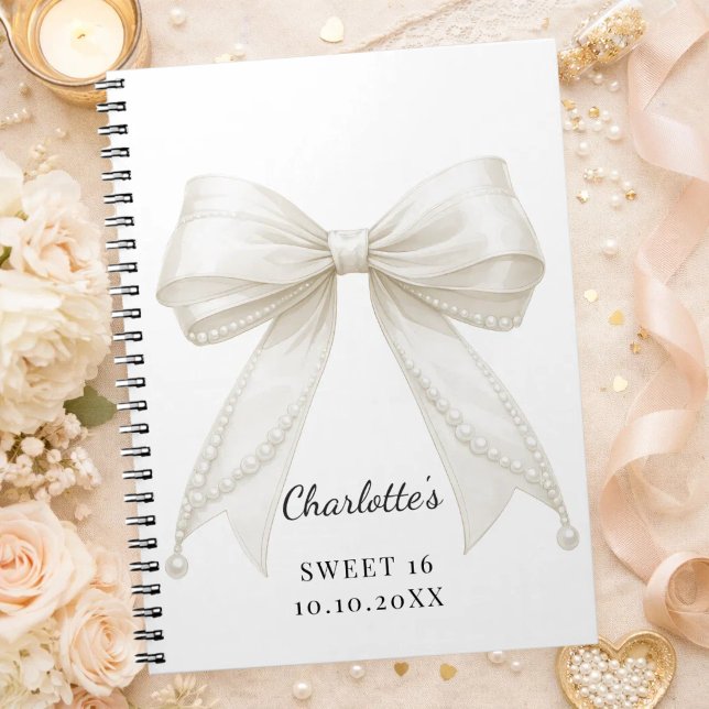 Cuaderno Libro de invitados Sweet 16 lazo perlas marfil ase (Subido por el creador)
