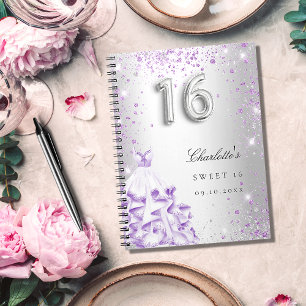 Cuaderno Libro de invitados Sweet 16 vestido purpurina mora
