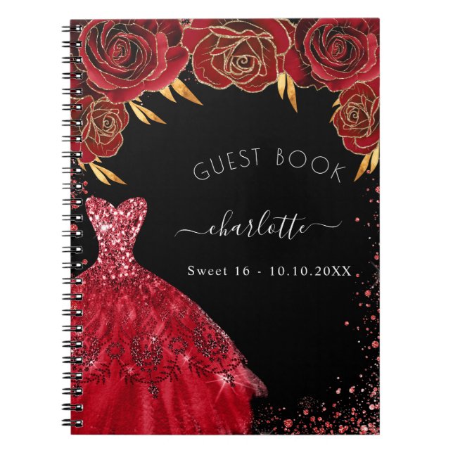 Cuaderno Libro de invitados Sweet 16 vestido purpurina rojo (Frente)