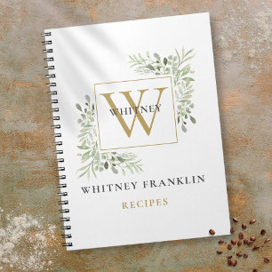 Cuaderno Libro de recetas de monograma de vegetación dorada