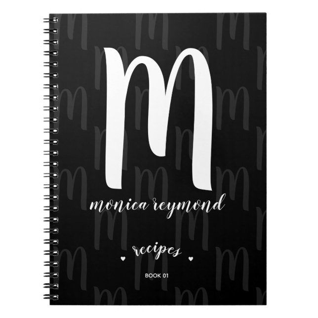 Cuaderno libro de recetas en monogramo negro para el chef (Frente)