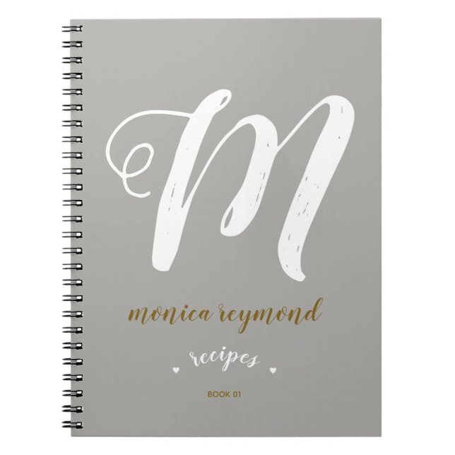 Cuaderno libro de recetas monogramado para el chef. gris (Frente)