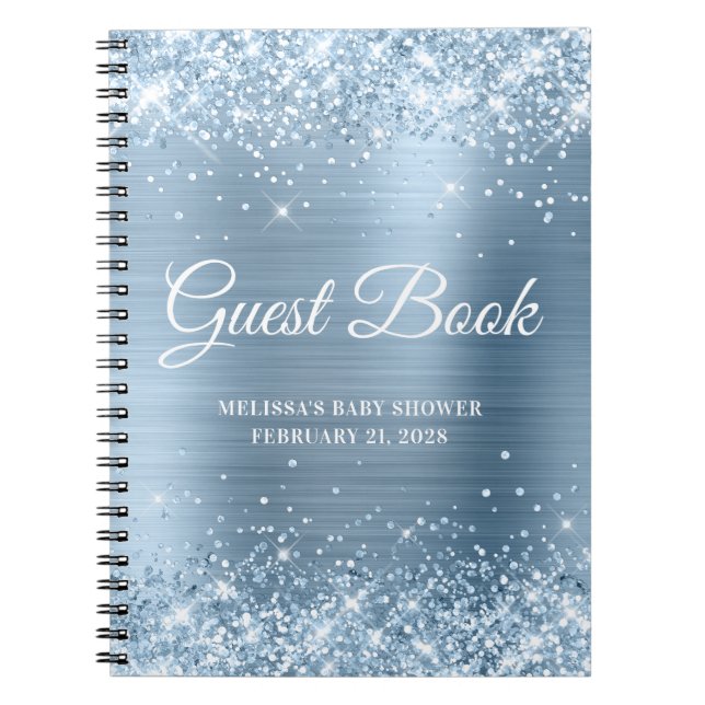 Cuaderno Libro de visitas de baby shower azul claro brillan (Frente)