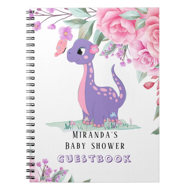 Cuaderno Libro de visitas de Baby Shower del Chica de dinos (Frente)
