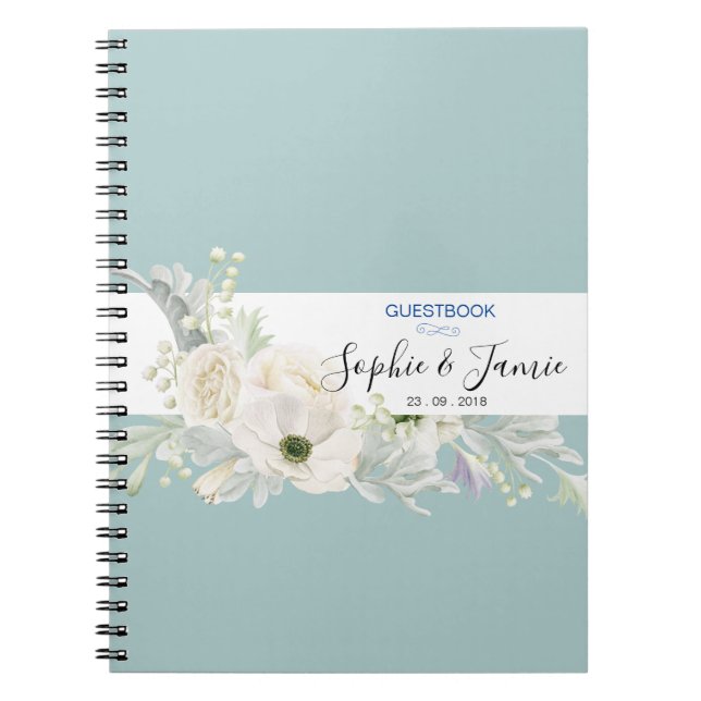 Cuaderno Libro de visitas de Bodas florales azules y blanco (Frente)