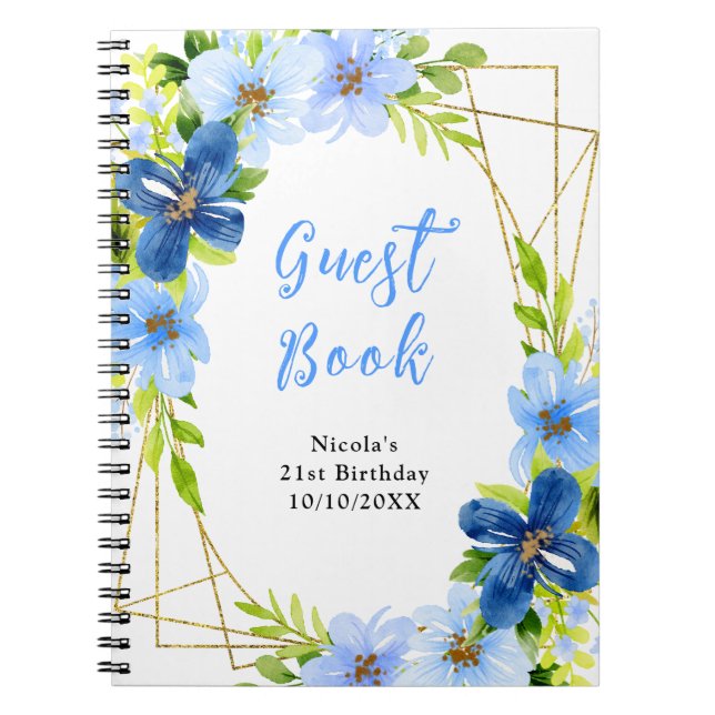 Cuaderno Libro de visitas de flores azules y marinas con fo (Frente)