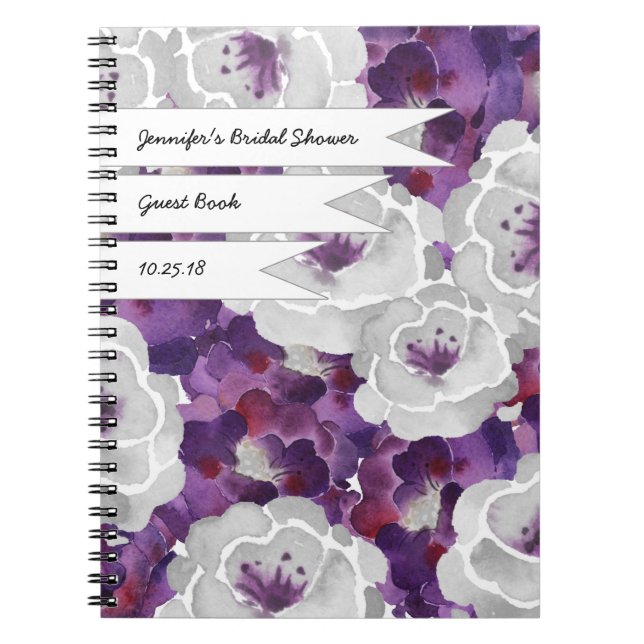 Cuaderno Libro de visitas nupcial floral gris púrpura de la (Frente)