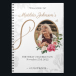 Cuaderno Libro Floral 80th Birthday White Gold Photo Guestb<br><div class="desc">Portátil Floral 80th Birthday White Gold Photo Guestbook. Un libro de cumpleaños floral y botánico delicado y femenino. Cuenta con hermosas flores alrededor de la foto de la persona de cumpleaños, ¡todo con un toque de austeridad vintage! ¿Necesita ayuda con este diseño? ¡Envíe un mensaje al diseñador haciendo clic en...</div>