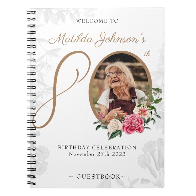 Cuaderno Libro Floral 80th Birthday White Gold Photo Guestb (Frente)