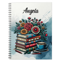Libros antiguos personalizados, café y flores