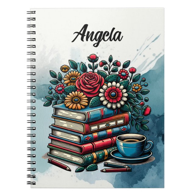 Cuaderno Libros antiguos personalizados, café y flores (Frente)