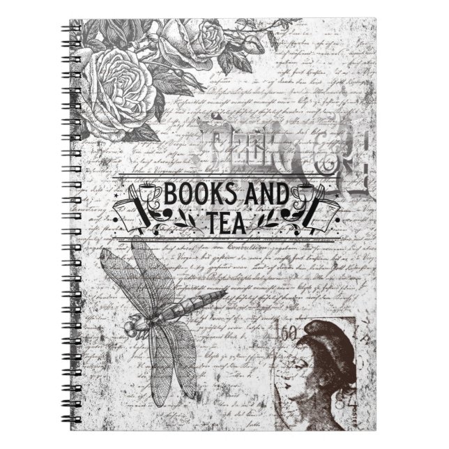Cuaderno Libros en blanco y negro y té (Frente)