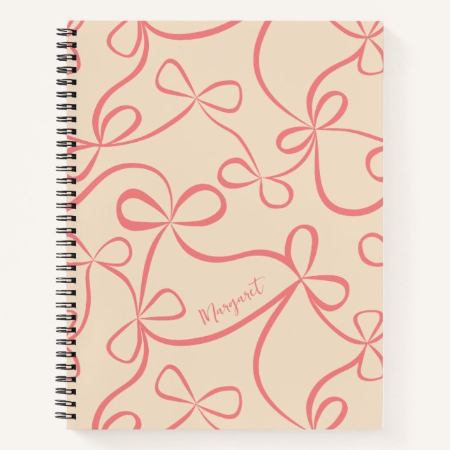 Cuaderno Light Pastel Pink Coquette Bow Pattern Custom Name (Anverso)